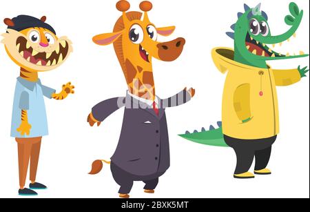 Set di animali da hipster cartoon. Animale in abbigliamento. Stile informale. Illustrazione vettoriale cartoon. Tigre, giraffe, coccodrillo. Illustrazione piatta Illustrazione Vettoriale