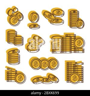 Monete d'oro, insieme di valuta del dollaro degli Stati Uniti di mucchi di soldi Illustrazione Vettoriale