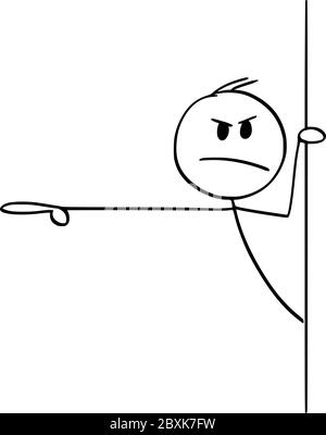 Grafico vettoriale del cartoon disegno illustrazione concettuale di uomo arrabbiato rude o uomo d'affari che si sbirica fuori dal muro e che mostra o punta il dito verso qualcosa. Illustrazione Vettoriale