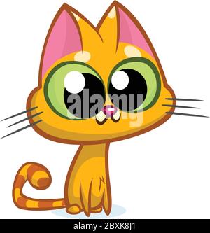 Illustrazione di un gatto a strisce arancioni con occhi grandi seduti e sorridenti. Carino logo vettoriale kitty Illustrazione Vettoriale