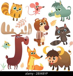 Set di animali boschivi cartoni animati. Vettore illustrato. Scoiattolo, topo, rapone, cinghiale, volpe, bufalo, orso, alce, uccello. Isolato. Libro di disegno per bambini, Illustrazione Vettoriale