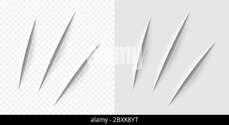 Taglio vettoriale realistico con un coltello da ufficio su foglio di carta isolato. Graffia gli animali su sfondo trasparente. Illustrazione Vettoriale