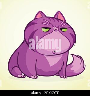 Illustrazione vettoriale di gatto viola grumpy. Gatto di cartone animato grasso con un'espressione grumpia. Illustrazione Vettoriale