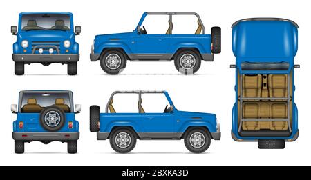 Mockup vettore di auto convertibile SUV per il branding dei veicoli, la pubblicità, l'identità aziendale. Vista laterale, anteriore, posteriore, superiore. Tutti gli elementi nei gruppi Illustrazione Vettoriale