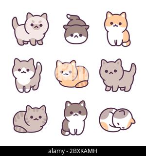 Set di illustrazioni disegnate a mano per piccoli cuccioli. Adorabili gatti, razze e pose diverse. Stile semplice kawaii doodle. Illustrazione Vettoriale