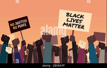 Illustrazione di stock di manifestanti antirazzisti con i segni 'Black Lives Matter' e 'No Justice, No Peace'. Protesta contro la disuguaglianza razziale e ingiustiti Illustrazione Vettoriale