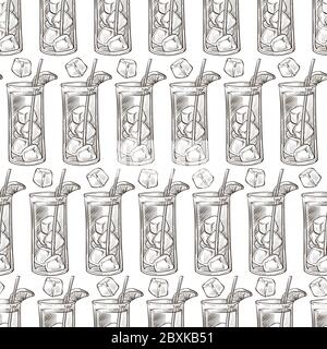 Bevanda alcolica con cubetti di ghiaccio e motivo senza cuciture a fette di mandarino Illustrazione Vettoriale