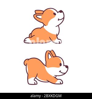 Carino cane cartone animato facendo yoga. Adorabile cucciolo di cadaveri in posizione verticale del cane e verso il basso Dog. Illustrazione divertente della clip art vettoriale. Illustrazione Vettoriale