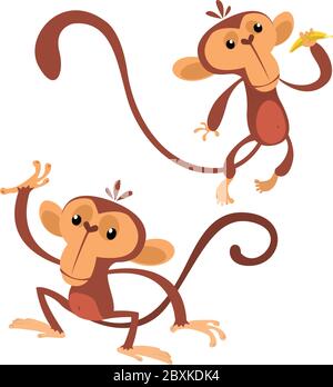 Animali scimmia cartone animato stile piatto. Set di scimmie da ballo vettoriali. I personaggi dello scimpanzé della giungla sono icolati su bianco. Mascotte scimmia zoo Illustrazione Vettoriale