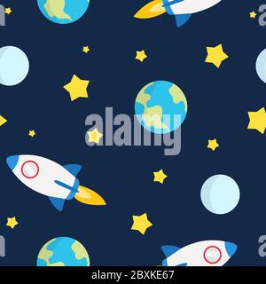 Spazio senza cuciture modello infantile, con razzi, Terra, Luna e Stelle Illustrazione Vettoriale