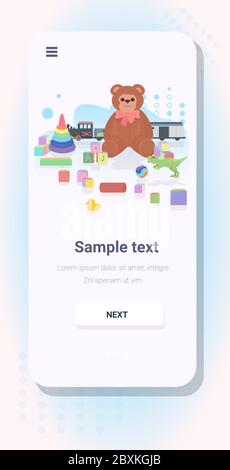 impostare diversi giocattoli bambini concetto di infanzia smartphone schermo app mobile verticale copia spazio illustrazione vettoriale Illustrazione Vettoriale