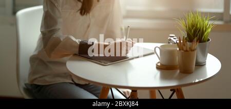 Ripresa di una freelance femminile tagliata utilizzando un tablet digitale sul tavolino da caffè bianco accanto alla finestra del soggiorno Foto Stock