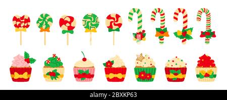 Set dolci natalizi, caramelle e cupcake. Gustosi dolci colorati per le vacanze a base di cartone animato. Caramello di canna Lollipop, crema per dolci di zucchero. Cibo di Capodanno e natale, decorato aggraziato. Illustrazione vettoriale isolata Illustrazione Vettoriale