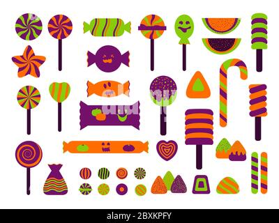 Halloween piatto dolci e caramelle icone set. Gelatina, assortimento di canna caramella, lecca, lecca, draga, marshmallow. Ottobre è un piacere per l'horror dei poster di design o per l'invito a una festa. Illustrazione vettoriale isolata Illustrazione Vettoriale