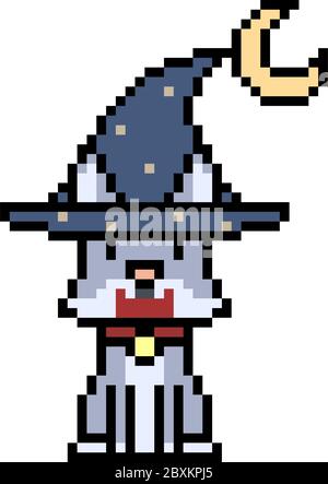 vector pixel art wizard cat isolato Illustrazione Vettoriale