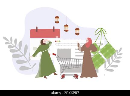 Donne musulmane personaggi shopping online per celebrare la vacanza Eid moderno vettore stile cartoon piatto. Illustrazione Vettoriale
