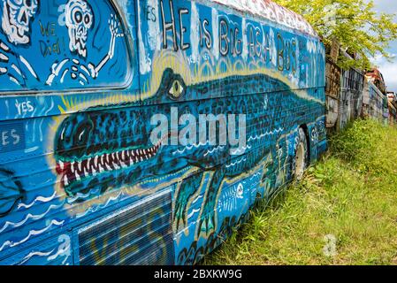 Autobus alligatore presso il cimitero degli autobus della scuola di Alto, Georgia. (STATI UNITI) Foto Stock