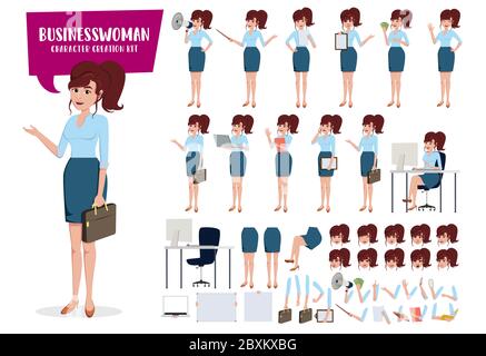 Set vettoriale kit di creazione caratteri per donna d'affari. I personaggi delle donne aziendali possono essere modificati per creare gesti per viso, mano e corpo per i dipendenti dell'ufficio. Illustrazione Vettoriale