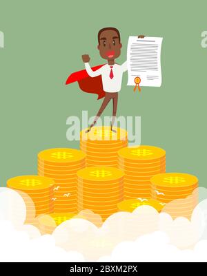 Un uomo d'affari afro-americano, giovane e felice, sorridente, è in piedi sul mucchio delle monete e mostra un certificato di premio. Illustrazione Vettoriale