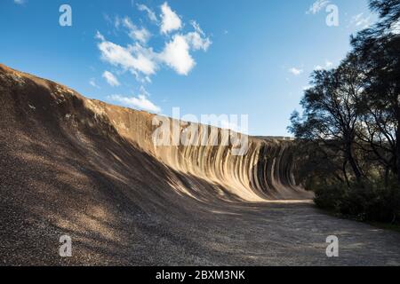 Wave Rock, una formazione naturale di roccia alta 15 metri che è a forma di un'alta onda di rottura oceano e si trova a Hyden, nell'Australia Occidentale Foto Stock