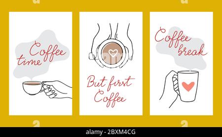 Una raccolta di banner vettoriali sul tema del caffè. Tempo di caffè, pausa caffè, ma primo caffè - tale iscrizione è sulle illustrazioni con Illustrazione Vettoriale