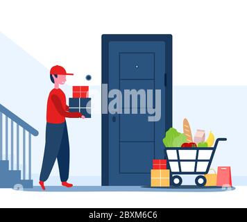 Concetto di servizio di consegna online per casa e ufficio. Il corriere ha portato il pacchetto a casa. Erogazione senza contatto. Spedizione cibo ristorante e posta. Vettore moderno Illustrazione Vettoriale