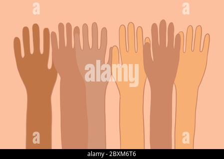 Mani con diversi colori della pelle sullo sfondo. Concetto di multinazionalità. Illustrazione vettoriale in stile cartoon piano Illustrazione Vettoriale