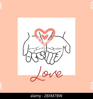 Disegno vettoriale delle mani con cuore e scritta con l'iscrizione amore. Il disegno è realizzato in stile lineare e con colori semplici. Illustrazione Vettoriale