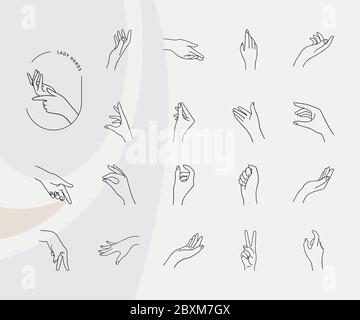 Mani in vari gesti disegnati su uno sfondo grigio in uno stile lineare e isolato. Una raccolta di loghi vettoriali fuori mano. Illustrazione Vettoriale