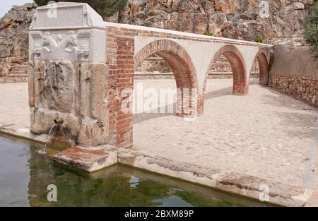 Palomas fontana pilastro costruito nel 16 ° secolo, Hornachos, Spagna. Stemma imperiale di Carlos V scolpito al centro Foto Stock