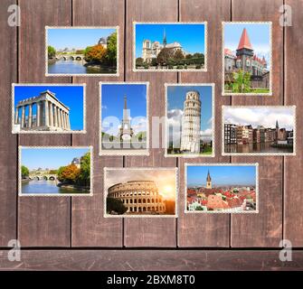 Sfondo di viaggio vintage con foto retrò dei monumenti europei sulle vecchie tavole di legno. Torre Eiffel a Parigi, Torre Pendente di Pisa, Colosseo a Roma, Foto Stock