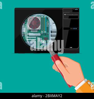 Concetto hardware per PC. Lente di ingrandimento manuale, scheda madre, disco rigido, cpu, ventola, scheda grafica, memoria. Assemblaggio riparazione e assistenza PC. Hardware del personal computer. Illustrazione vettoriale in stile piatto Illustrazione Vettoriale