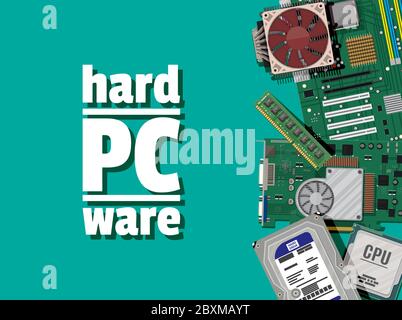 Scheda madre, disco rigido, cpu, ventola, scheda grafica, memoria. Set di hardware per personal computer. Icone dei componenti del PC. Illustrazione vettoriale in stile piatto Illustrazione Vettoriale