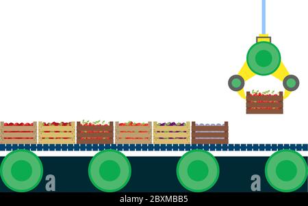 Il robot sta sollevando le cassette di frutta in fabbrica Illustrazione Vettoriale