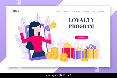 Programma fedeltà landing page disegno piatto stile vettoriale illustrazione concetto. Donna con altoparlante megafono in piedi sullo smartphone e gridare Illustrazione Vettoriale