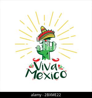 Viva Mexico Cactus personaggio con cappello tradizionale messicano Illustrazione Vettoriale