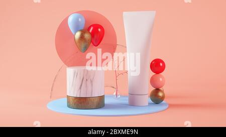 Tubo di crema vuoto su una piattaforma surreale di rendering 3d Foto Stock