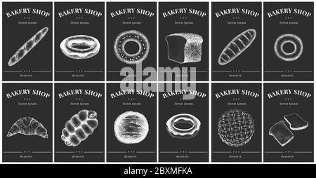Etichette con panetteria e dessert. Vintage Set modelli prezzi tag per negozi e panifici. Illustrazioni vettoriali su cartoncino. Illustrazione Vettoriale