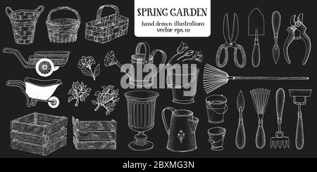 Set di attrezzi da giardinaggio diversi disegnati a mano. Illustrazioni vettoriali su cartoncino. Utensili da giardino Illustrazione Vettoriale