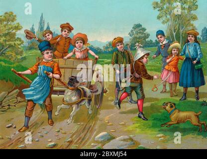 Vecchia illustrazione. Su questa illustrazione britannica del 19 ° secolo i bambini giocano all'aperto. Una felice scena estiva. Foto Stock