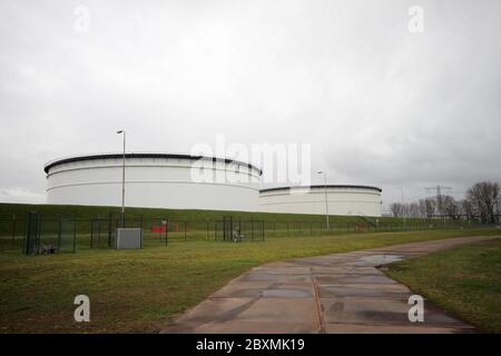 Grandi serbatoi di stoccaggio per petrolio greggio o benzina al terminal nel porto di batlek del porto di Rotterdam Foto Stock