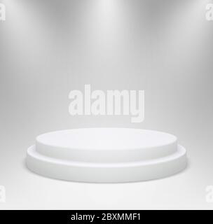 Podio rotondo bianco realistico nell'illuminazione di studio. piedistallo o piattaforma 3d per la vetrina dei prodotti su sfondo grigio. Illustrazione Vettoriale