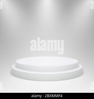 Podio rotondo bianco realistico nell'illuminazione di studio. piedistallo o piattaforma 3d per la vetrina dei prodotti su sfondo grigio. Illustrazione Vettoriale