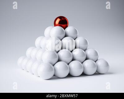 Sfera piramide con una rossa sulla parte superiore. Concetto di successo di leadership aziendale. illustrazione del rendering 3d Foto Stock