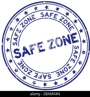 Grunge blu zona sicura parola rotonda guarnizione in gomma stampigliata su sfondo bianco Illustrazione Vettoriale