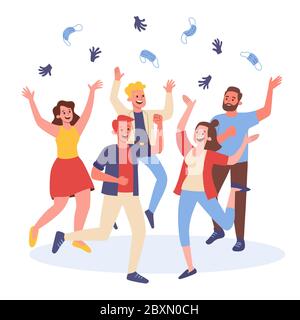 Gruppo di cinque giovani che festeggiano la fine della pandemia, gettando in aria le loro maschere chirurgiche e guanti e ballando. Illustrazione Vettoriale
