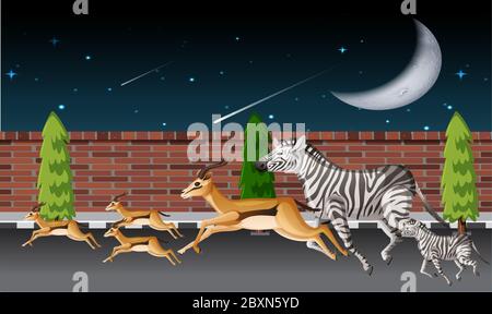molti animali corrono su strada di notte Illustrazione Vettoriale