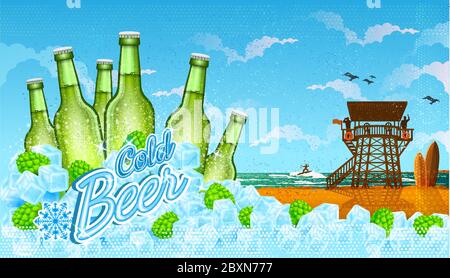 Sei bottiglie di birra in cubetti di ghiaccio e coni luppolo, con paesaggio spiaggia. Illustrazione Vettoriale