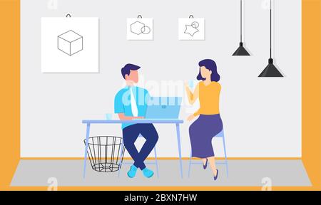 coppia è seduta a casa e lavora su un computer portatile Illustrazione Vettoriale