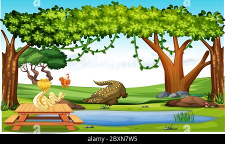 gli animali giocano in una foresta e bevono acqua Illustrazione Vettoriale